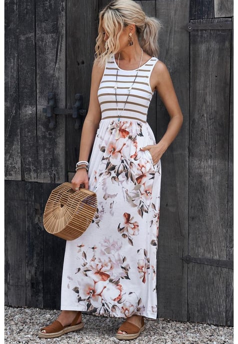 Damen-Maxikleid mit Blumendruck und Tasche in Weiß - Image 3