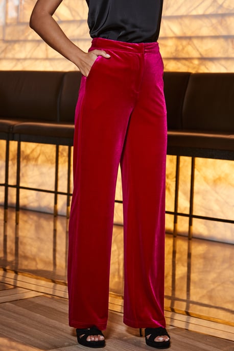 Raspberry Pink Velvet Wide Leg Trousers