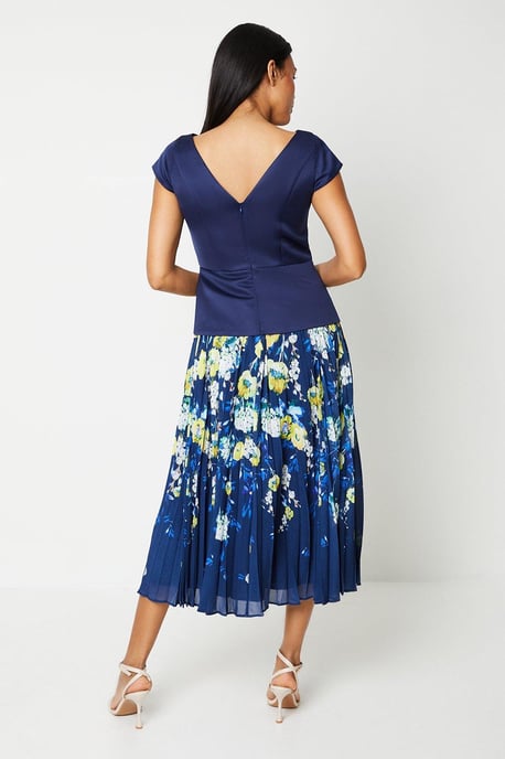 Printed Pleated Skirt Overlay Bodice Midi Dress