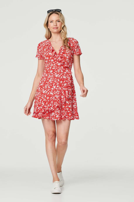 Red Ditsy Floral Short Faux Wrap Dress
