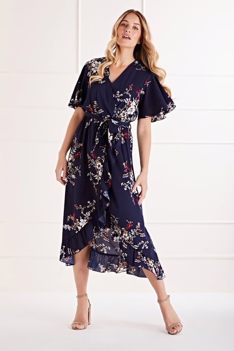 Mela Navy Floral Dipped Hem Maxi Dress