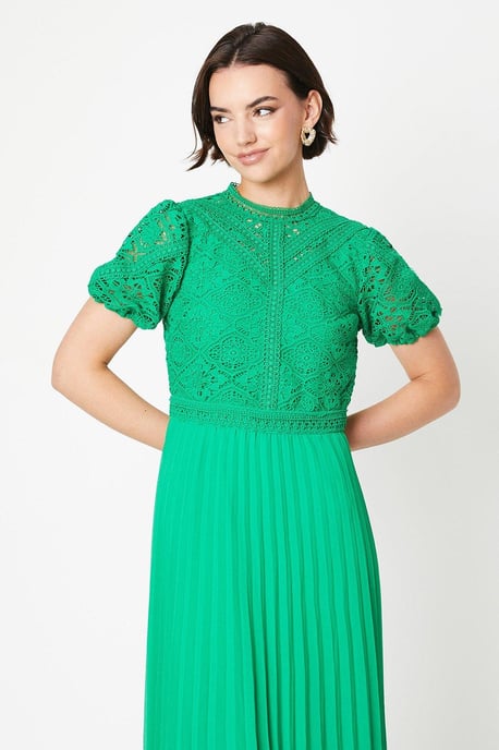 Lace Puff Sleeve Pleated Midi Dress - Image 4