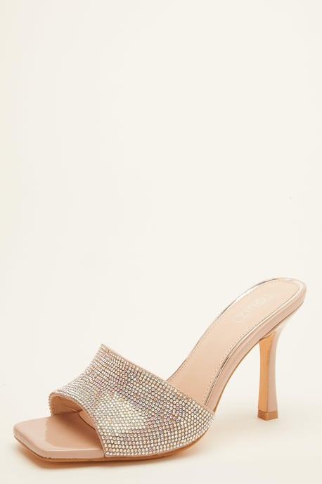Nude Diamante Heeled Mule Sandal