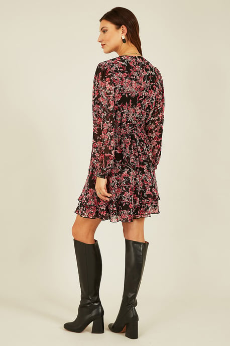 Black Blossom Print Ruched Waist Long Sleeve Skater Dress