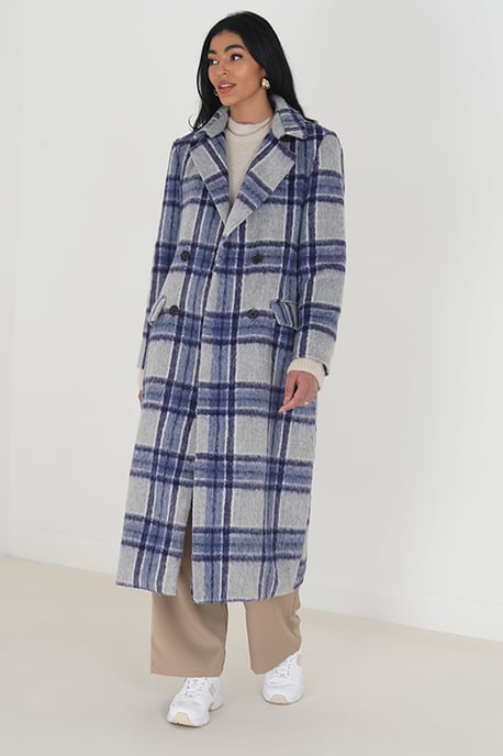 Blue 'Annabell' Double Breasted Faux Wool Longline Check Jacket