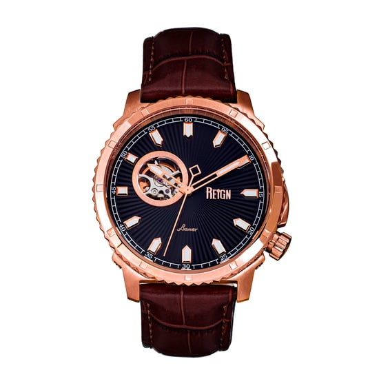 Reign Bauer Automatic Semi-SkeletonLeather-Band Watch