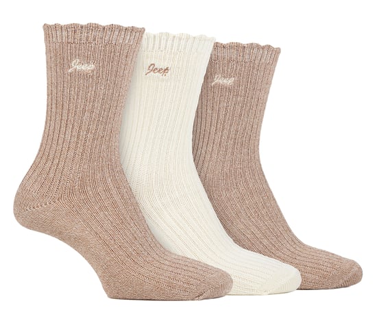 Frauen Bamboo Boot Socken | Jeep | Cute Ribbed Scalloped Ankle Socken für Damen, Anti Blister Knit gepolsterte Socken - Taupe / Creme - Image 1