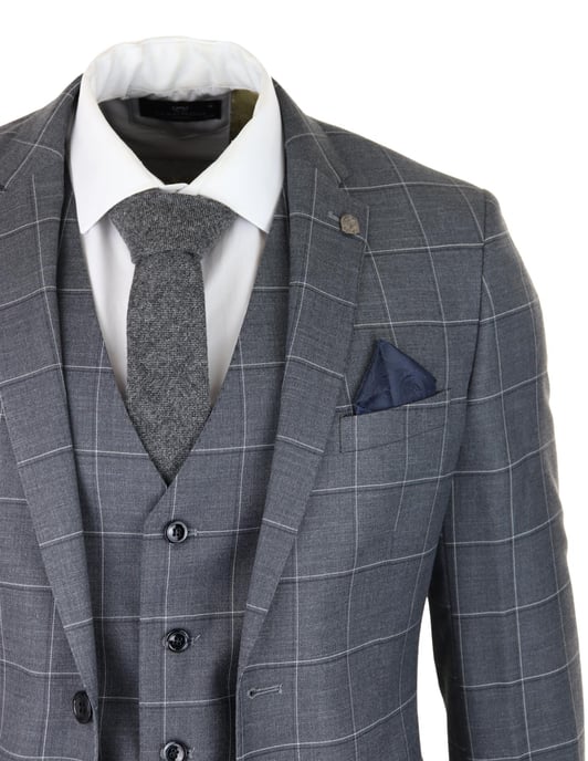 Herren grauer Anzug 3-teilig kariert Vintage Retro schick Hochzeit klassisch tailliert - Image 5