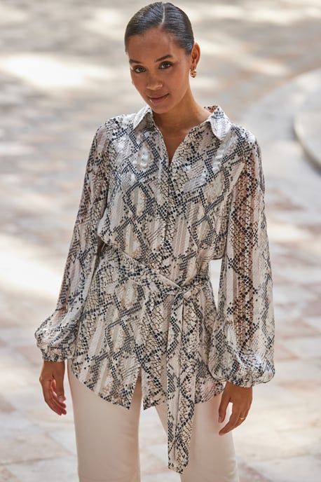 Snake Print Relaxed Fit Belted Longline Shirt