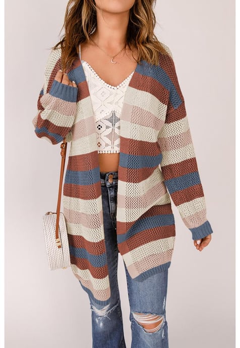 Damen Farbblock Hohlstrick-Cardigan in Blau - Image 5