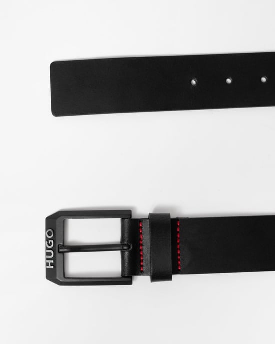 HUGO Gelio-B Mens Leather Belt with Matte-Black Logo Trim Buckle