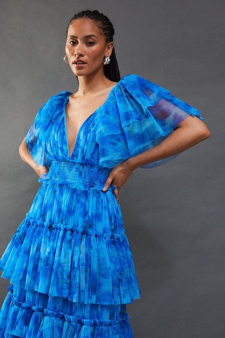 Tulle Floral Plunge Neck Flutter Sleeve Tier Maxi Dress