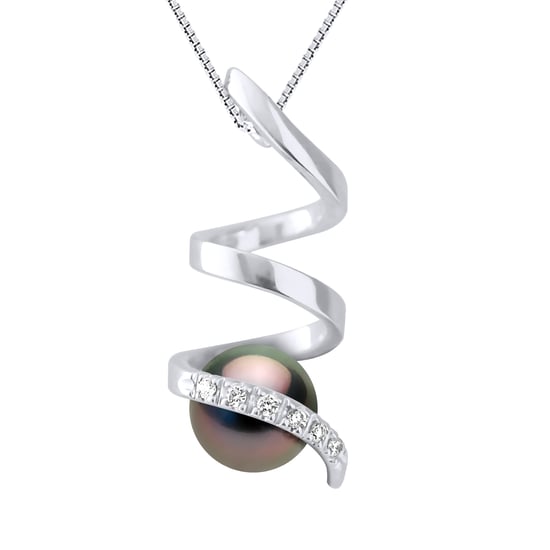 Pendant Spiral Diamonds 0,06 Cts - Quality HSI - White Gold - Real Cultured Tahiti Pearl Round 7-8 mm