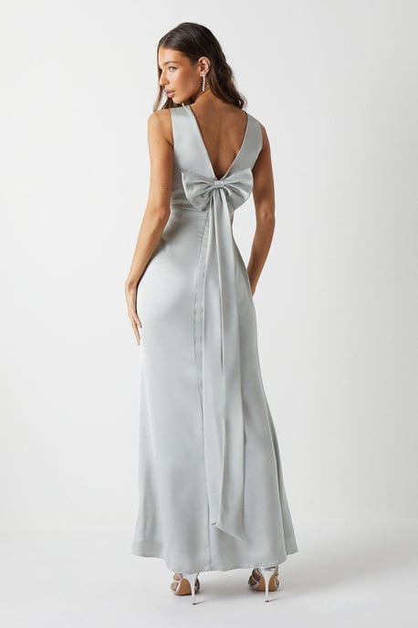 Bow Back V Neck Satin Bridesmaids Dress - Image 4