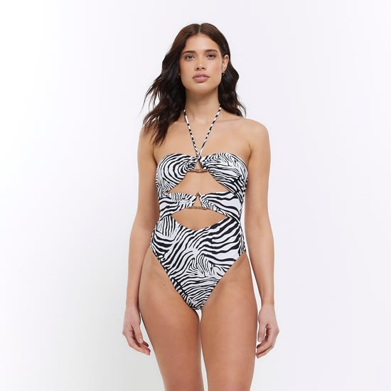 River Island Womens Swimsuit White Animal Bandeau Cut Out