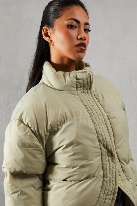 Ribbed Placket Puffer Coat