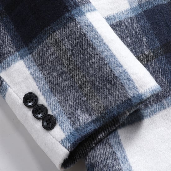 Men's Long Slim Fit Checked Winter Thick Coat with Shawl Collar Blue
