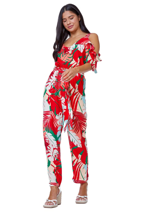 Petite Tropical Print Frill Jumpsuit