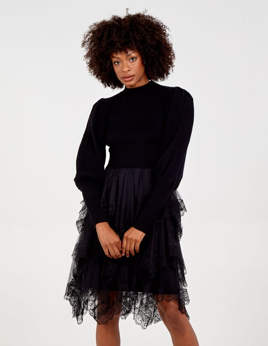 KATHERINE - High Neck Puff Sleeve Mesh Trim Jumper