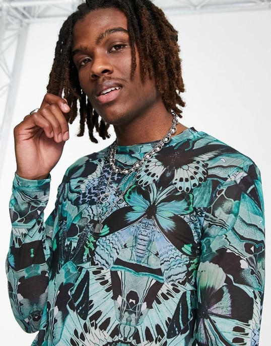 ASOS DESIGN muscle long sleeve t-shirt in green and black printed mesh