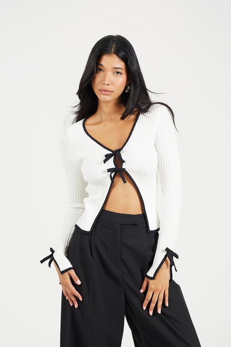 Cream Ribbed Knitted Cardigan With Bow Fastening