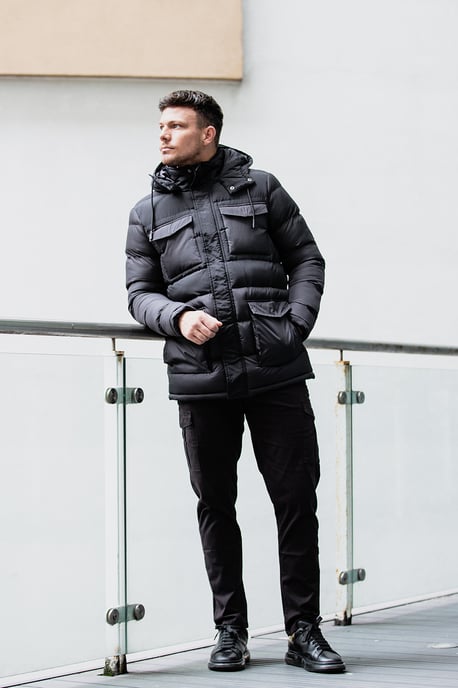 Black 'Windsurf' Mixed Fabric Hooded Puffer Parka Jacket