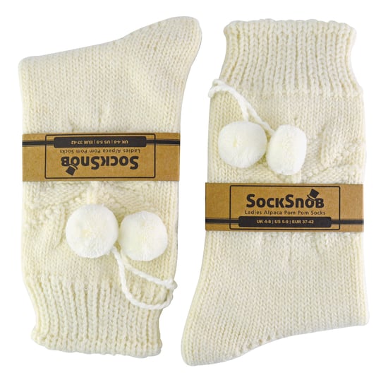 Sock Snob - Ladies Warm Slipper Alpaka Wolle Blend Pom Pom Bett Socken - Creme - Image 2