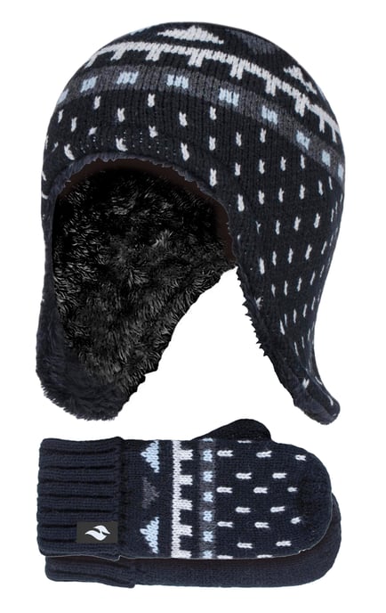Wärmehalter - Jungen Outdoor Kunstfell Pom Pom Mütze mit Ohrenklappen & Fäustlinge Handschuhe - Schwarz - Image 1
