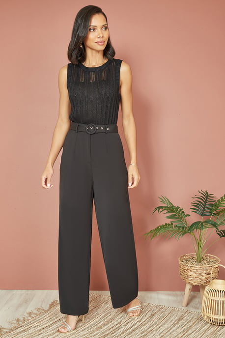 Black Straight Leg Crepe Trousers With Belt