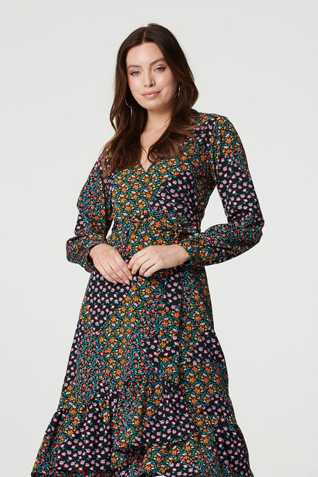 Black Patchwork Print Ruffled Wrap Dress
