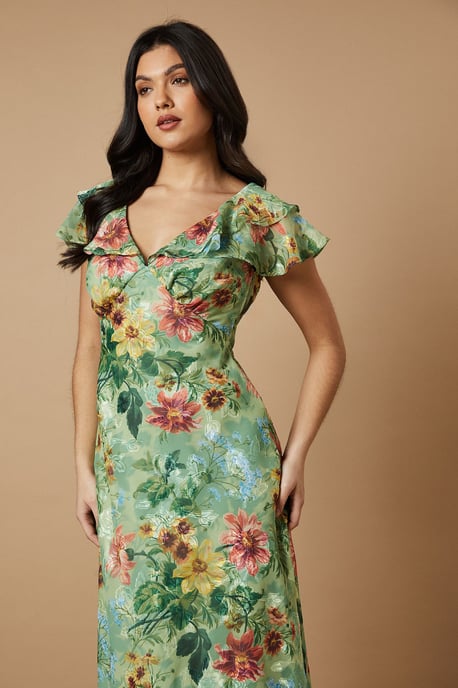 Floral Satin Burnout Ruffle Midi Dress