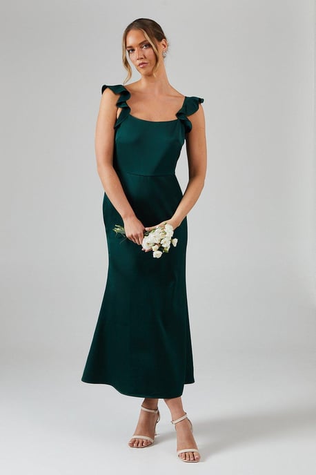 Ruffle Square Neck Satin Bridesmaids Midi Dress - Image 1