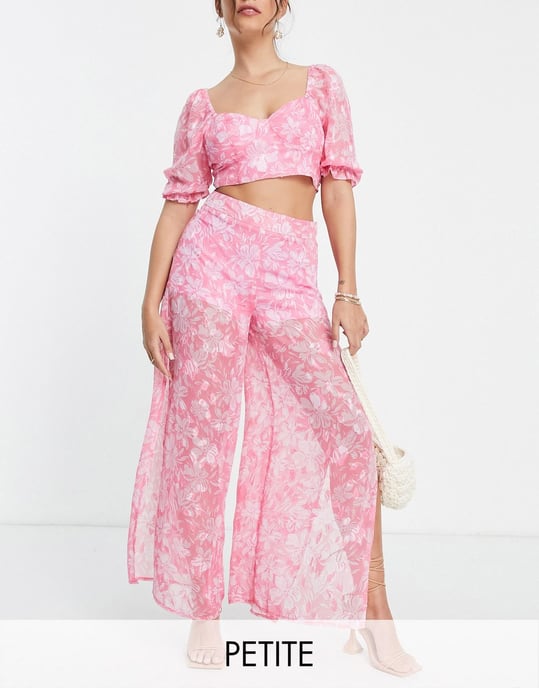 Miss Selfridge Petite jacquard wide leg trouser in pink