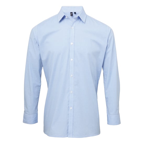 Premier Mens Microcheck Langarmhemd (Hellblau/Weiß) - Image 1