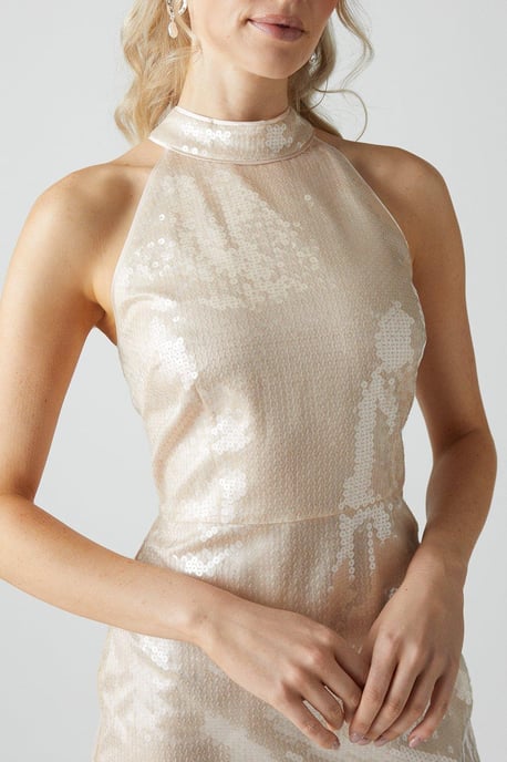 Glass Sequin Halterneck Column Gown