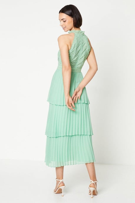 Lace Sleeveless Pleated Tiered Midaxi Dress