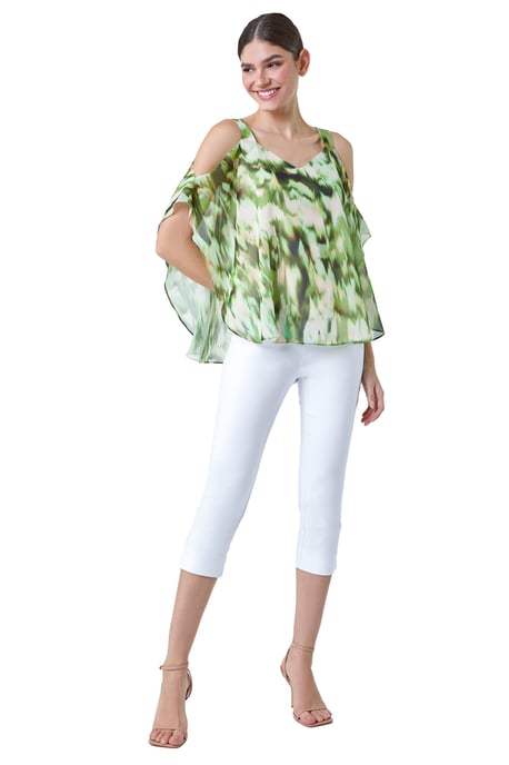 Abstract V-Neck Cold Shoulder Overlay Top