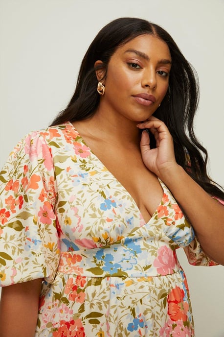 Curve Floral Scuba Puff Sleeve Midi Dress - Image 2
