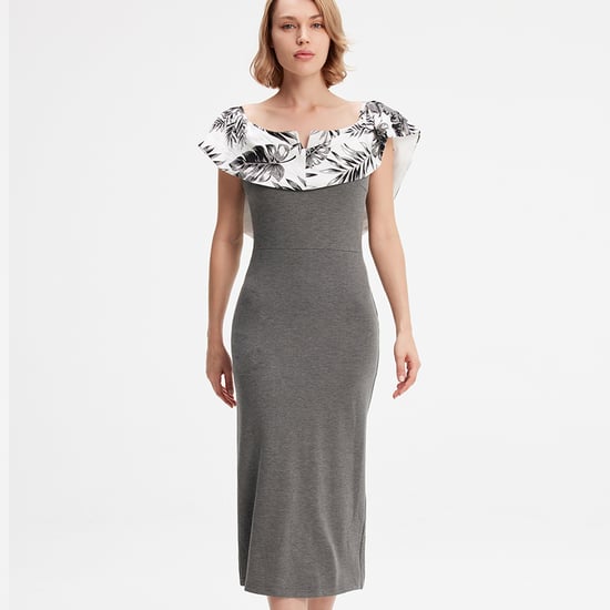 Bi-material bodycon dress with off shoulder printed