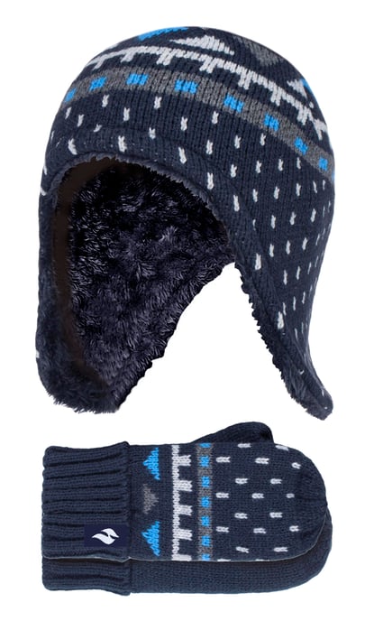Wärmehalter - Jungen Outdoor Kunstfell Pom Pom Mütze mit Ohrenklappen & Fäustlinge Handschuhe - Navy - Image 1