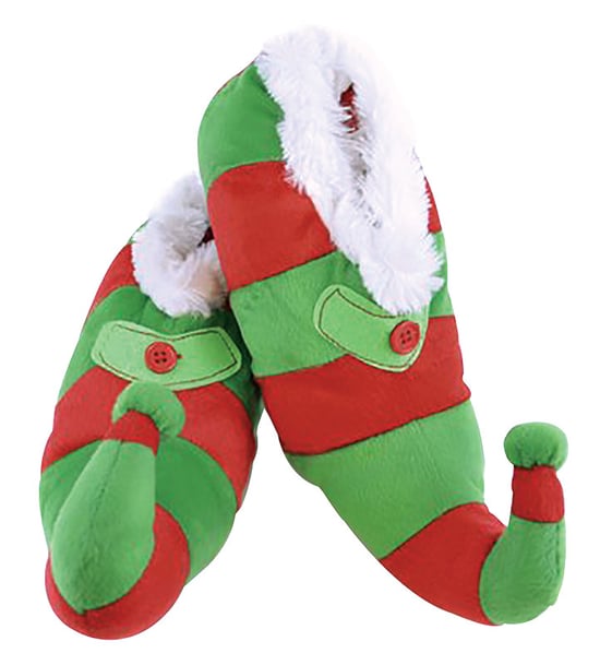 Neuheit Kinder Weihnachten Elf Hausschuhe | Funky Fleece Linied rot & grün gestreift Weihnachten Hausschuhe für Kinder - rot & grün - Image 2