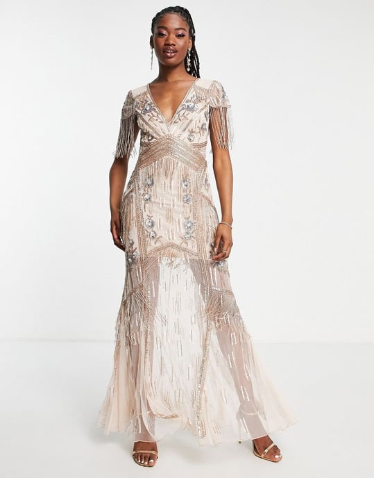 Miss Selfridge Premium plunge neck embellished maxi dress in blush-Pink