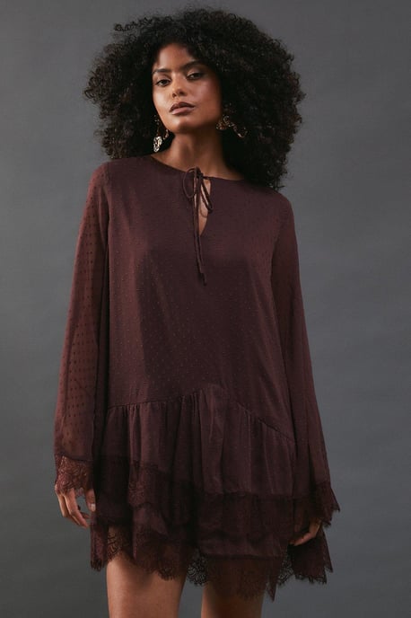 Dobby Chiffon Tie Neck Lace Hem Mini Dress - Image 1