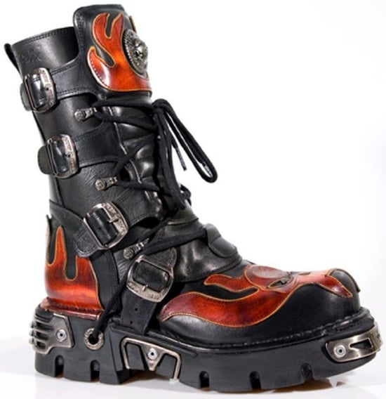 New Rock Flame Accented Black/Red Leather Biker Skull Boots- 107-S1
