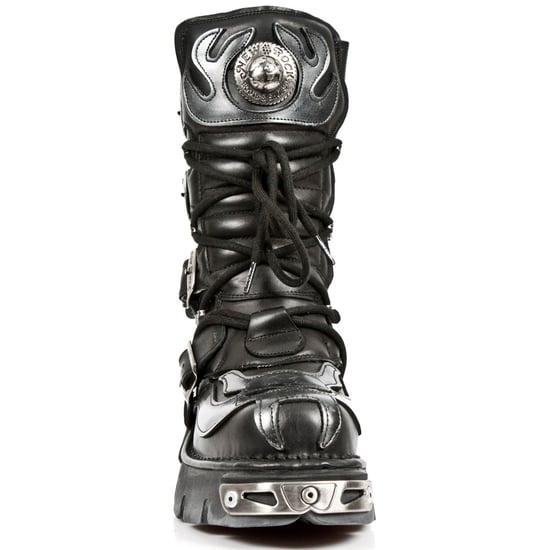 New Rock Flame Accented Black/Silver Leather Biker Boots- 107-S2