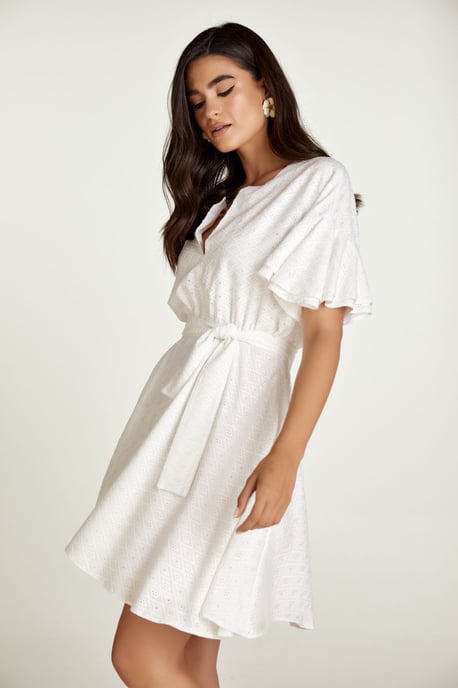 Weißes besticktes Kleid mit gerafften Ärmeln - Image 3