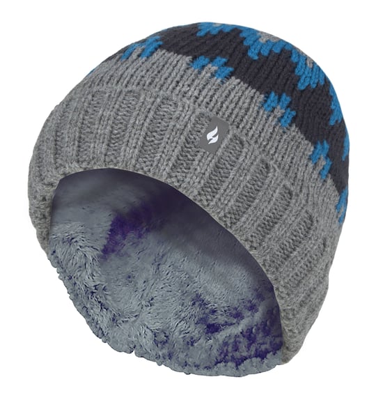 Wärmehalter - Jungen dicke gerippte gewebte gestrickte weiche Pom Pom Bobble Beanie Mütze - Pebble Melange/Teal/Navy - Image 1