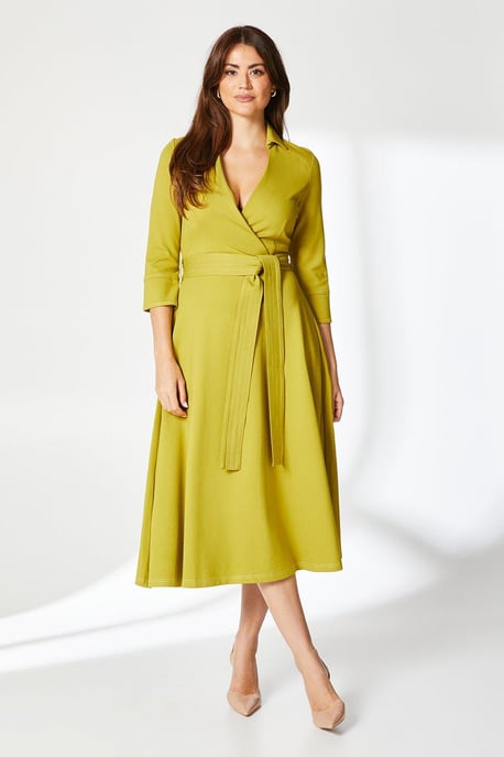 Stitch Detail Tie Waist Ponte Midi Dress