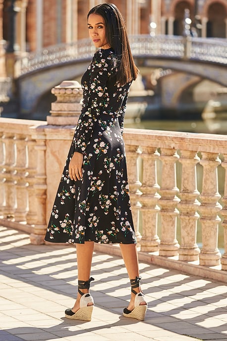Black Floral Print Ruched Front Midi Dress