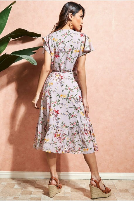 Wrap Flutter Sleeve Floral Midi Dress